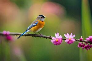 uma azul e laranja pássaro senta em uma ramo com Rosa flores gerado por IA foto