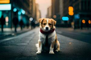 uma cachorro sentado em a rua dentro a cidade. gerado por IA foto