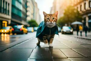 uma gato vestindo uma capa de chuva em uma cidade rua. gerado por IA foto