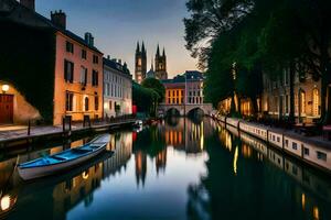 uma canal dentro Bruges, Bélgica. gerado por IA foto