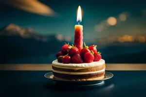 uma aniversário bolo com uma solteiro vela. gerado por IA foto