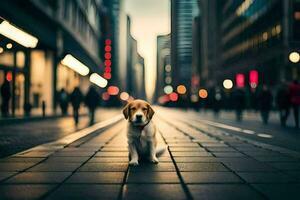 uma cachorro sentado em a rua dentro uma cidade. gerado por IA foto