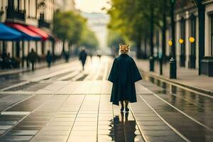 uma pessoa caminhando baixa uma rua dentro uma capa de chuva. gerado por IA foto