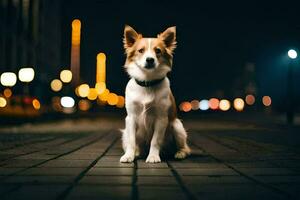 uma cachorro sentado em a rua às noite. gerado por IA foto