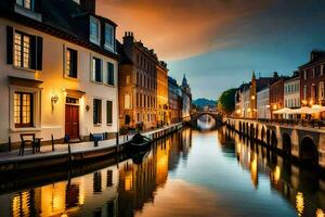 a canal dentro Bruges, Bélgica. gerado por IA foto