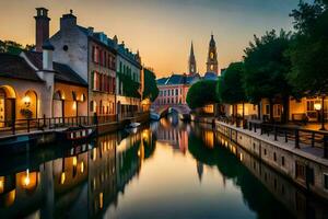 a canal dentro Bruges às pôr do sol. gerado por IA foto