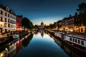 uma canal dentro a meio do uma cidade às noite. gerado por IA foto