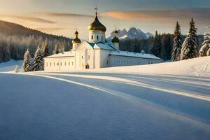 uma Igreja dentro a neve com árvores e montanhas dentro a fundo. gerado por IA foto