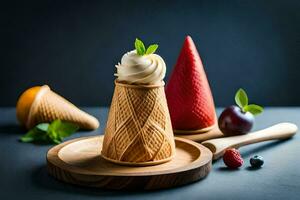 gelo creme cones em uma de madeira prato com bagas. gerado por IA foto