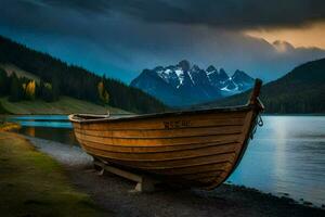 uma barco senta em a costa do uma lago com montanhas dentro a fundo. gerado por IA foto