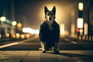 uma cachorro sentado em a terra às noite. gerado por IA foto