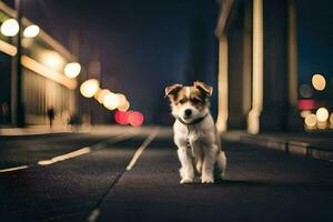 uma cachorro sentado em a rua às noite. gerado por IA foto