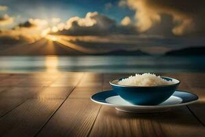 arroz dentro uma tigela em uma de madeira mesa. gerado por IA foto