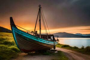 uma barco senta em a costa às pôr do sol. gerado por IA foto