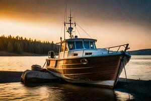 uma barco senta em a costa às pôr do sol. gerado por IA foto