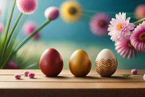 três Páscoa ovos estão sentado em uma de madeira mesa com flores gerado por IA foto
