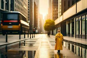 uma mulher dentro uma amarelo capa de chuva anda em baixa uma cidade rua. gerado por IA foto