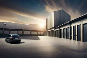 a Novo Tesla modelo 3 é estacionado dentro uma armazém. gerado por IA foto