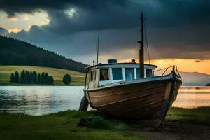 uma barco senta em a costa do uma lago às pôr do sol. gerado por IA foto
