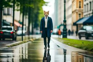 uma homem dentro uma terno e gravata caminhando baixa uma rua dentro a chuva. gerado por IA foto
