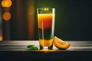 laranja suco dentro uma vidro com uma fatia do laranja. gerado por IA foto