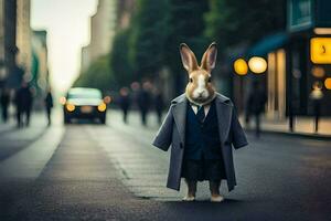 uma Coelho vestido dentro uma terno e gravata em pé em a rua. gerado por IA foto