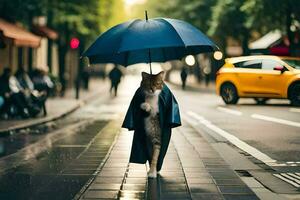 uma gato caminhando baixa uma rua com a guarda-chuva. gerado por IA foto