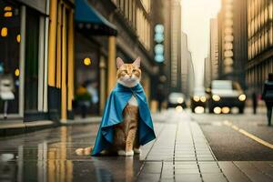 uma gato vestindo uma capa em uma cidade rua. gerado por IA foto