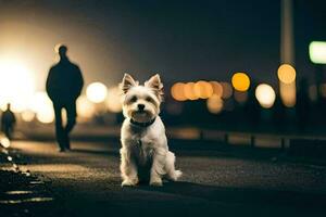 uma pequeno cachorro sentado em a rua às noite. gerado por IA foto