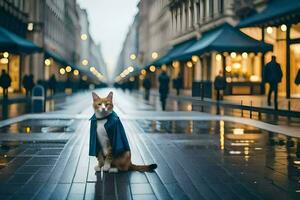 uma gato dentro uma azul casaco sentado em a calçada. gerado por IA foto