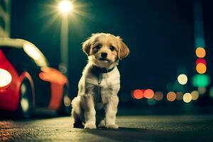 uma cachorro sentado dentro frente do uma carro às noite. gerado por IA foto