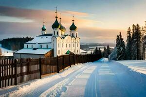 uma Igreja dentro a neve com uma estrada conduzindo para isto. gerado por IA foto