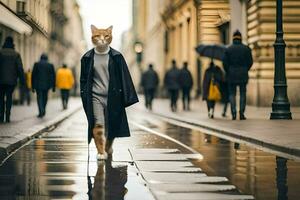 uma gato caminhando baixa uma rua dentro a chuva. gerado por IA foto