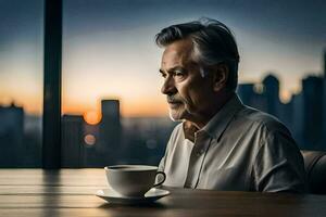 a Mais velho homem sentado às uma mesa com uma copo do café. gerado por IA foto