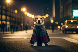 uma cachorro vestindo uma capa em a rua às noite. gerado por IA foto