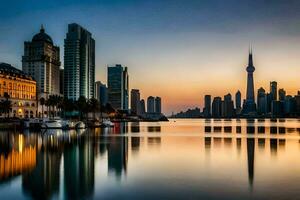 a cidade Horizonte é refletido dentro a água às pôr do sol. gerado por IA foto