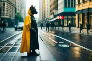uma cachorro vestindo uma amarelo capa de chuva em pé em uma cidade rua. gerado por IA foto