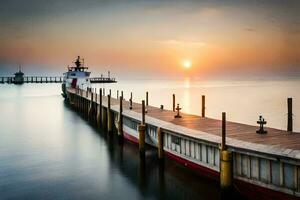 uma barco ancorado às a fim do uma cais às pôr do sol. gerado por IA foto