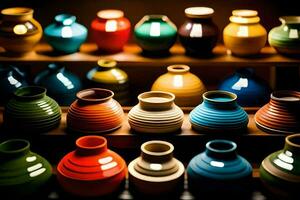 uma linha do colorida vasos em uma prateleira. gerado por IA foto