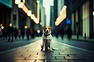 uma cachorro sentado em a rua dentro uma cidade. gerado por IA foto