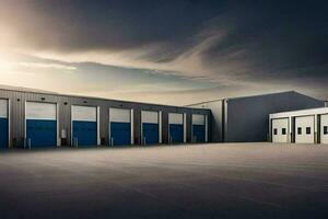 uma ampla armazém com azul portas e uma céu. gerado por IA foto