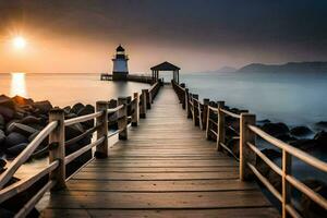 uma de madeira cais conduz para uma farol às pôr do sol. gerado por IA foto