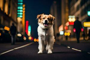 uma cachorro em pé em a rua às noite. gerado por IA foto