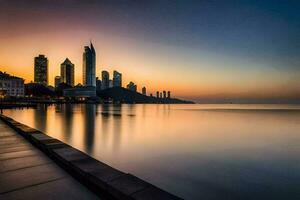 a cidade Horizonte às pôr do sol dentro dubai. gerado por IA foto