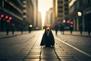 uma cachorro dentro uma terno em pé em uma cidade rua. gerado por IA foto