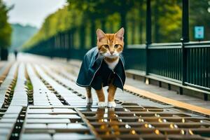 uma gato vestindo uma casaco caminhando em uma ponte. gerado por IA foto