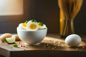Difícil fervido ovos dentro uma tigela em uma de madeira mesa. gerado por IA foto