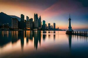 a cidade Horizonte às pôr do sol dentro hong kong. gerado por IA foto