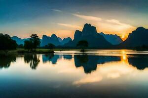 a Sol sobe sobre a montanhas dentro China. gerado por IA foto