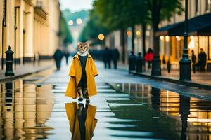 uma Raposa dentro uma amarelo casaco caminhando baixa uma molhado rua. gerado por IA foto